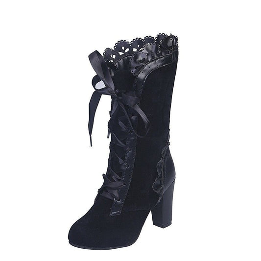 Castle Nocturne - Handmade Lace Velvet High Boots