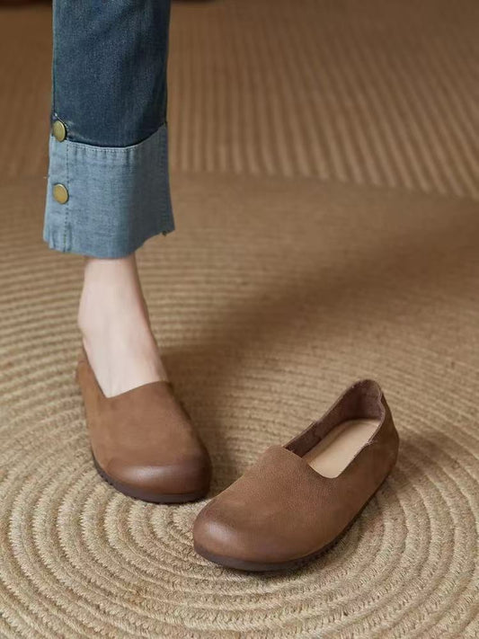 Handmade cowhide women's single shoes, new spring and autumn style, genuine leather soft surface, flat, round toe, literary, forest style, retro grandma shoes