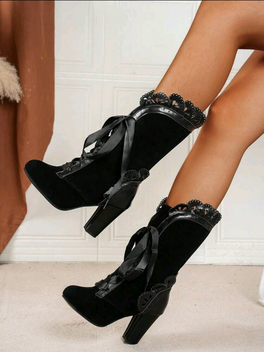 Castle Nocturne - Handmade Lace Velvet High Boots
