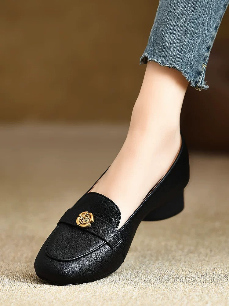 Women's extra soft sheepskin loafers, round toe, 3cm chunky heel, soft sole, soft upper.