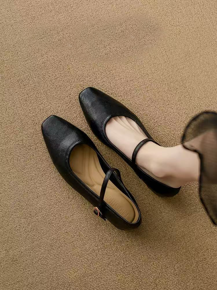 Soft lambskin ~ Retro one-strap soft-soled chunky heel women's shoes 2026 Spring new commuter low-cut Mary Jane shoes